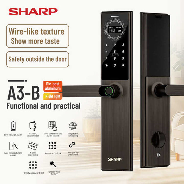 SHARP A3-B 智能指紋電子門鎖黑色款配水平把手